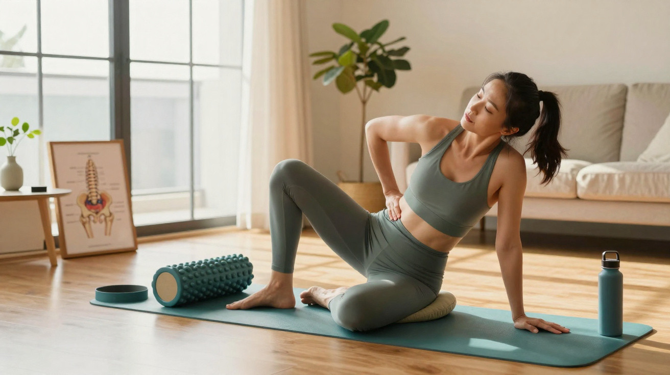 Mulher sentada em tapete de yoga em casa, a apoiar mão nas costas, com rolo de espuma e garrafa ao lado.