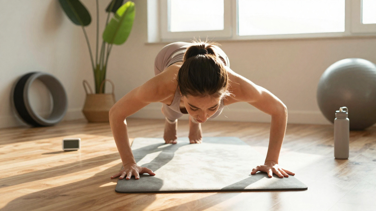 Mulher a fazer flexões apoiada sobre um tapete de yoga num quarto com luz natural.