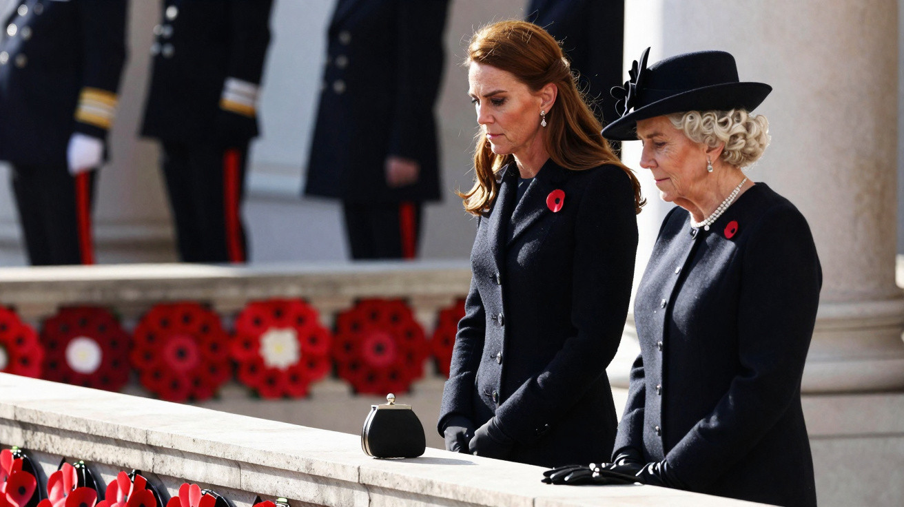 Duas mulheres vestidas de negro com papoilas vermelhas, em momento solene junto a monumento e guarda militar ao fundo.