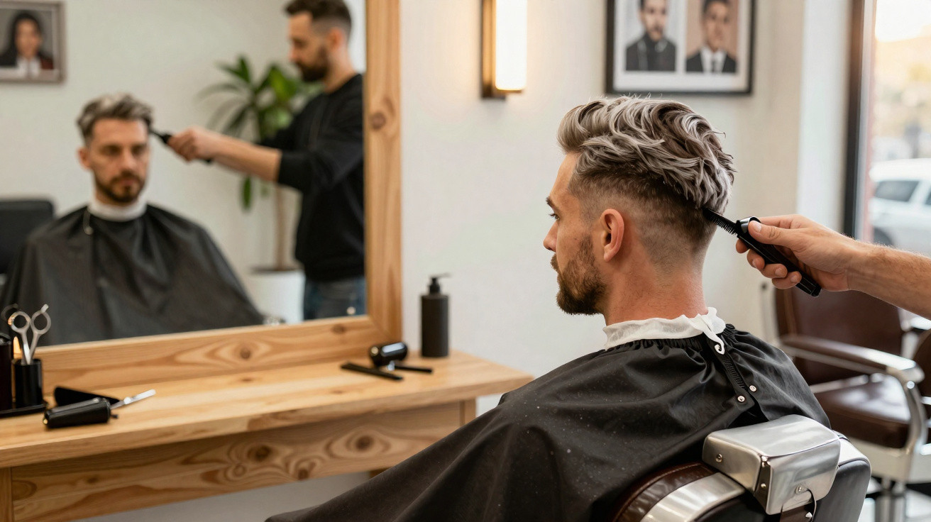 Homem a cortar o cabelo numa barbearia moderna à frente de um espelho grande.