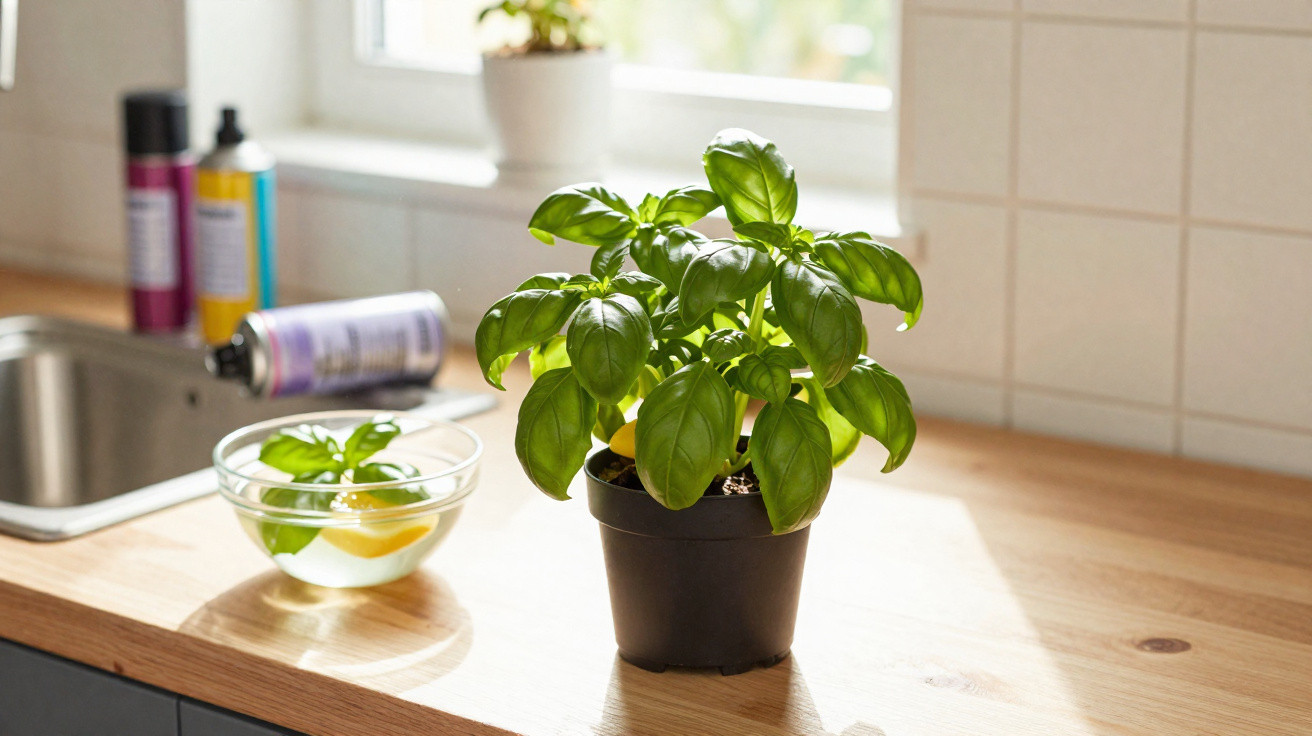 Planta de manjericão em vaso preto sobre bancada de cozinha junto a janela, com tigela de vidro e objetos desfocados.