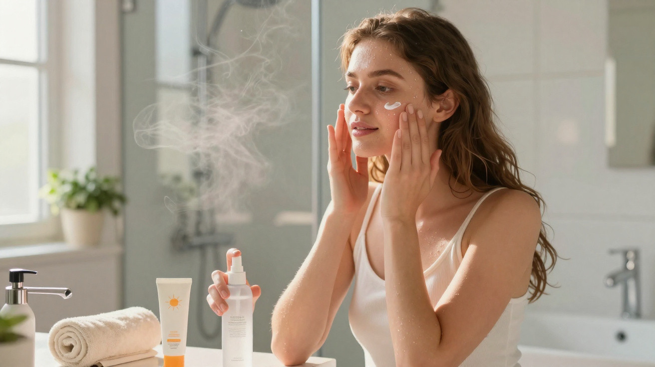 Mulher a aplicar creme facial num ambiente luminoso de casa de banho, com toalhas e produtos de cuidados na bancada.
