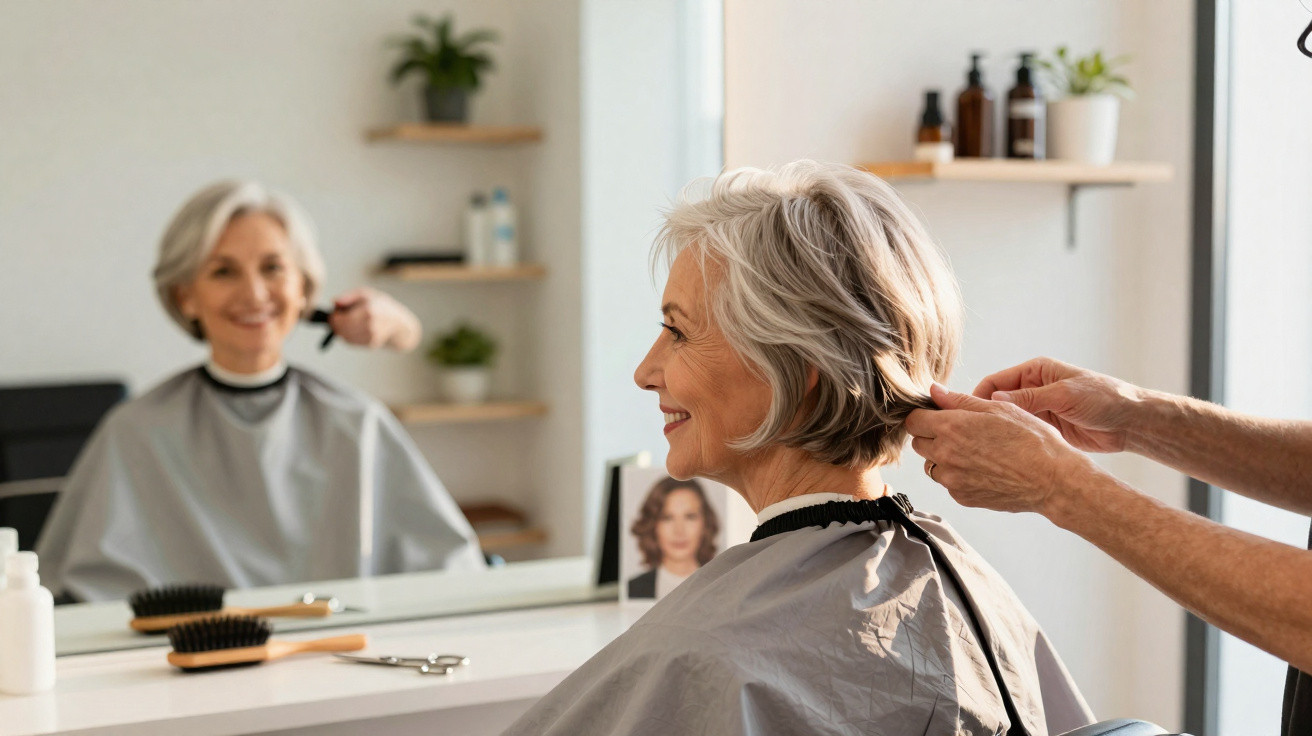 Mulher idosa sorridente a cortar o cabelo num salão de cabeleireiro moderno e iluminado.