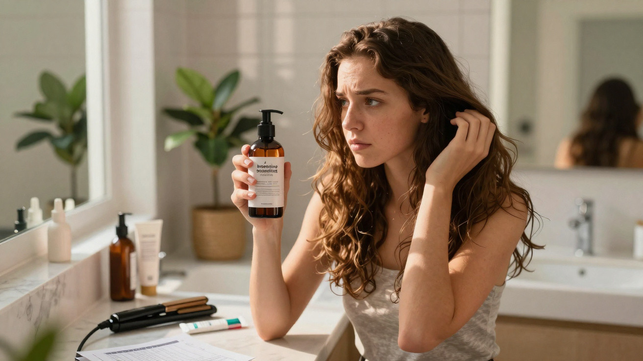 Mulher com cabelo encaracolado olha para produto capilar num banho moderno, segurando o cabelo com a outra mão.