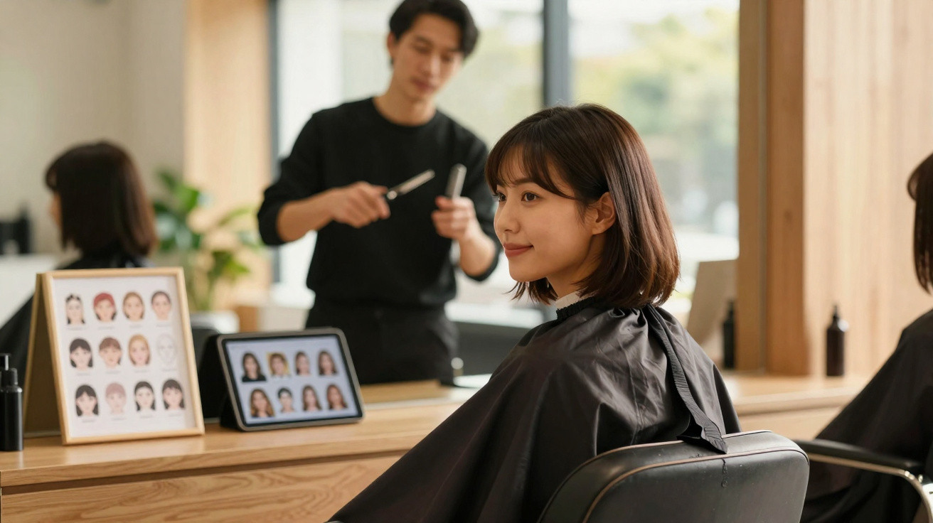 Mulher com capa de cabeleireiro sentada em cadeira, pronta para corte de cabelo num salão moderno.