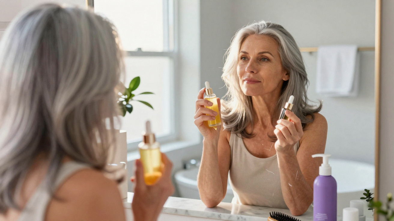 Mulher madura a olhar-se ao espelho segurando frascos de sérum para cuidados de pele no banho.