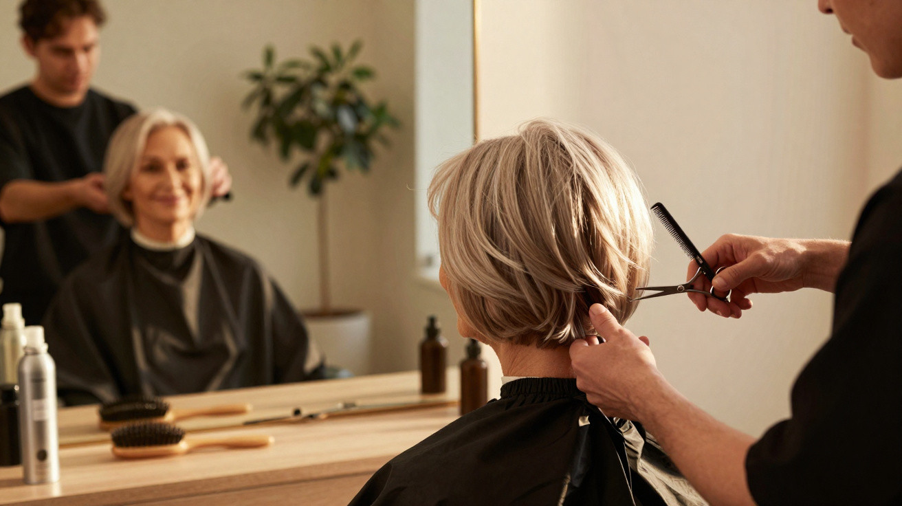 Pessoa de cabelo curto loiro a ser penteada e cortada por cabeleireiro num salão, refletida no espelho.