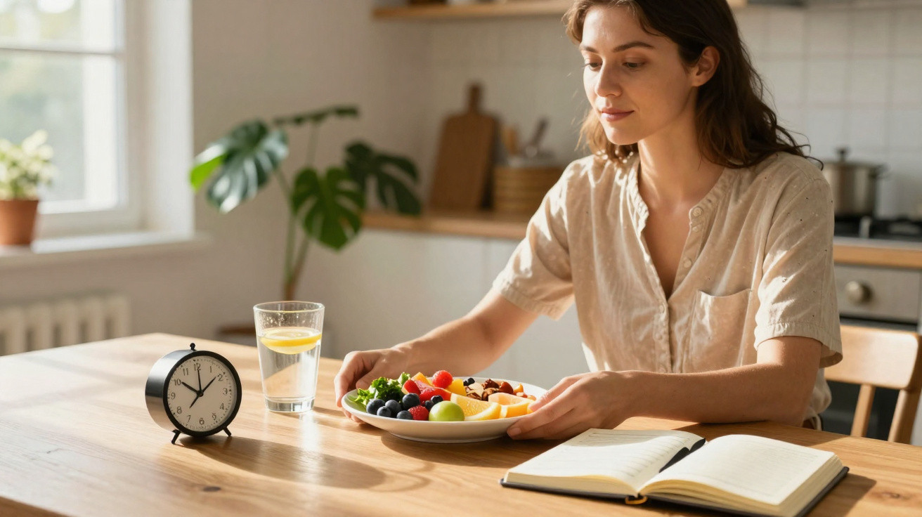 Mulher sentada à mesa com prato de fruta, copo de água e livro aberto numa cozinha iluminada.