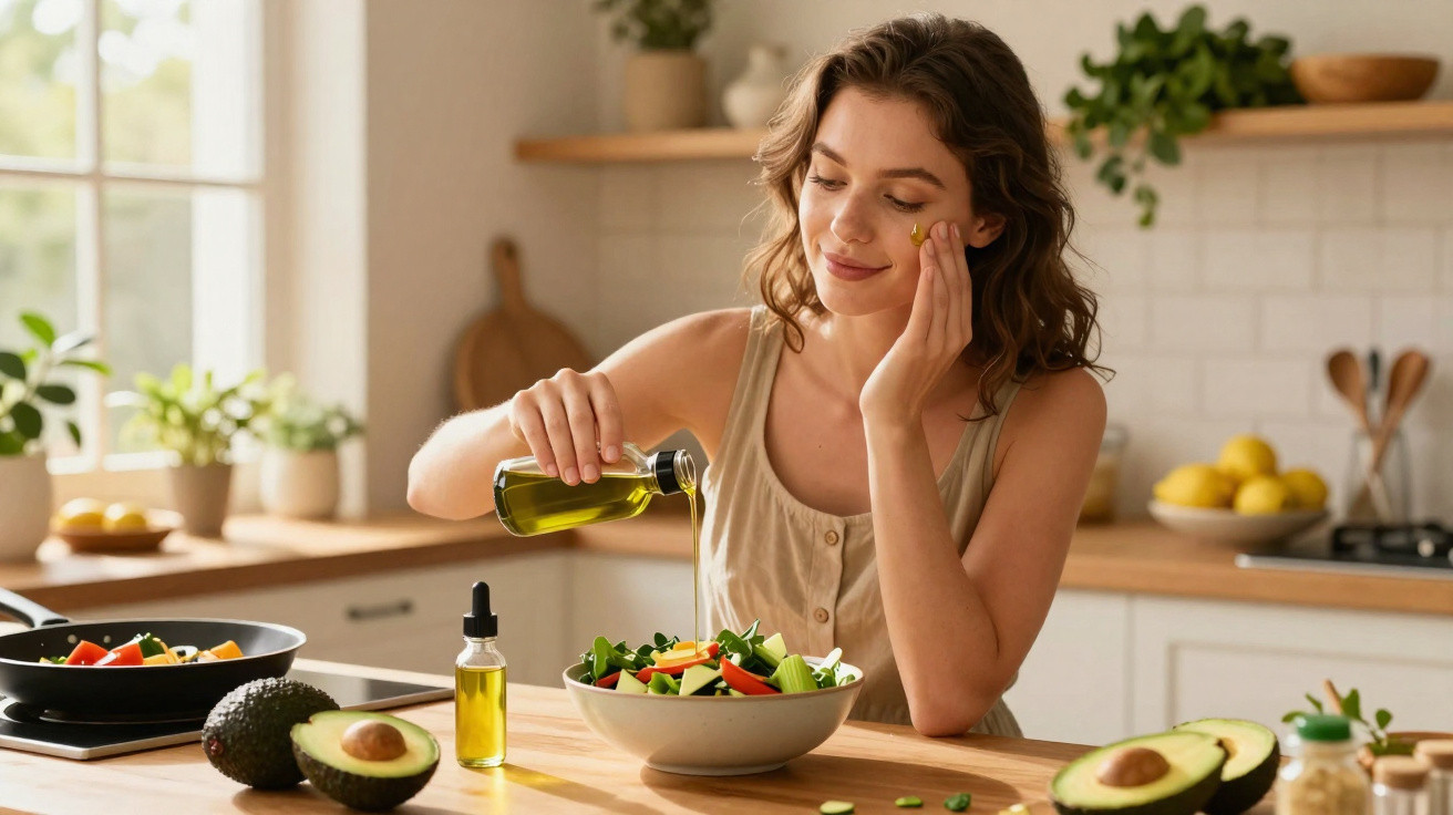 Mulher a temperar salada com azeite numa cozinha luminosa e moderna com abacates e limões na bancada.