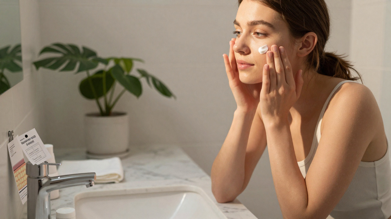 Mulher a aplicar creme facial junto a uma pia de casa de banho, com planta ao fundo.