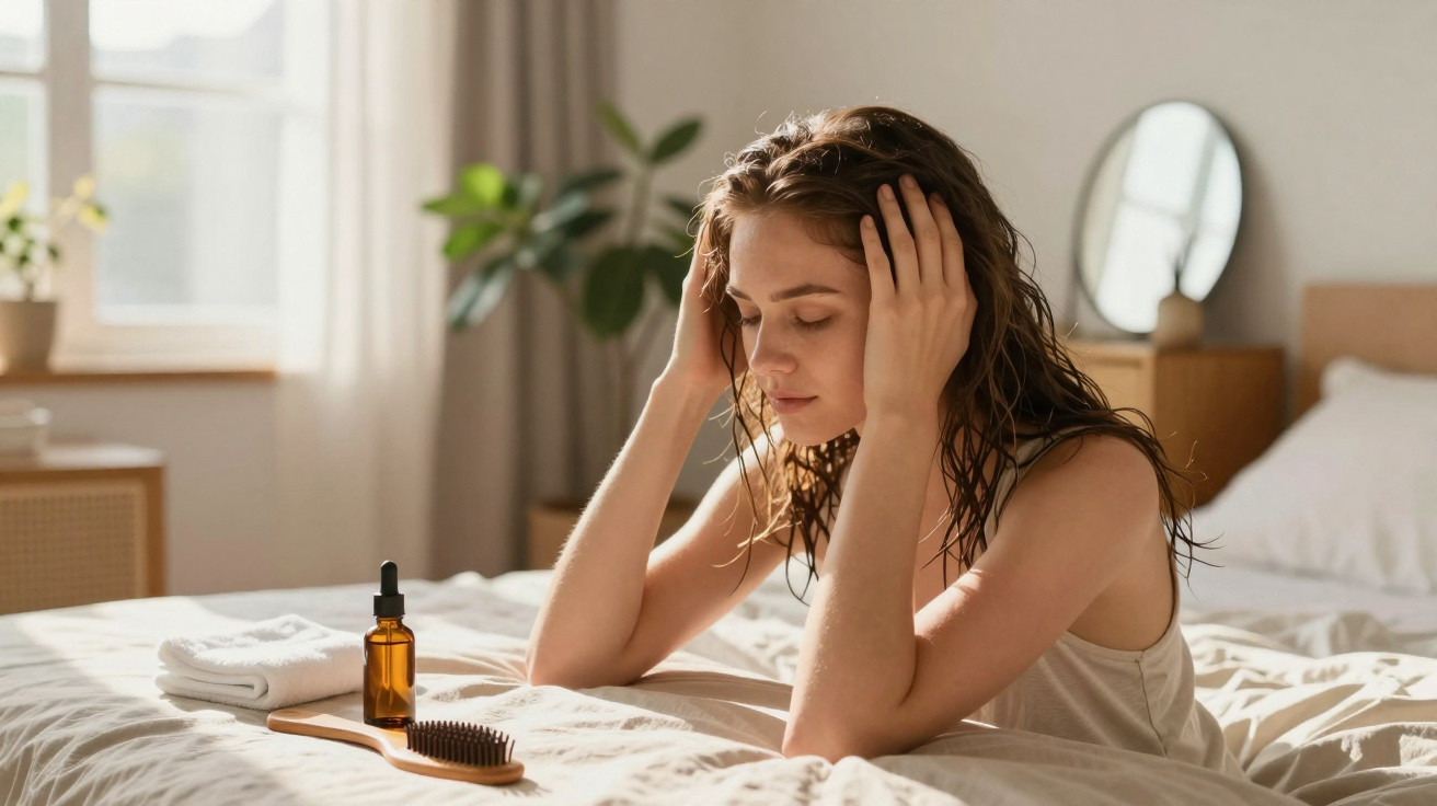 Mulher com cabelo molhado sentada na cama, apoiando a cabeça nas mãos, com escova e óleo capilar à frente.