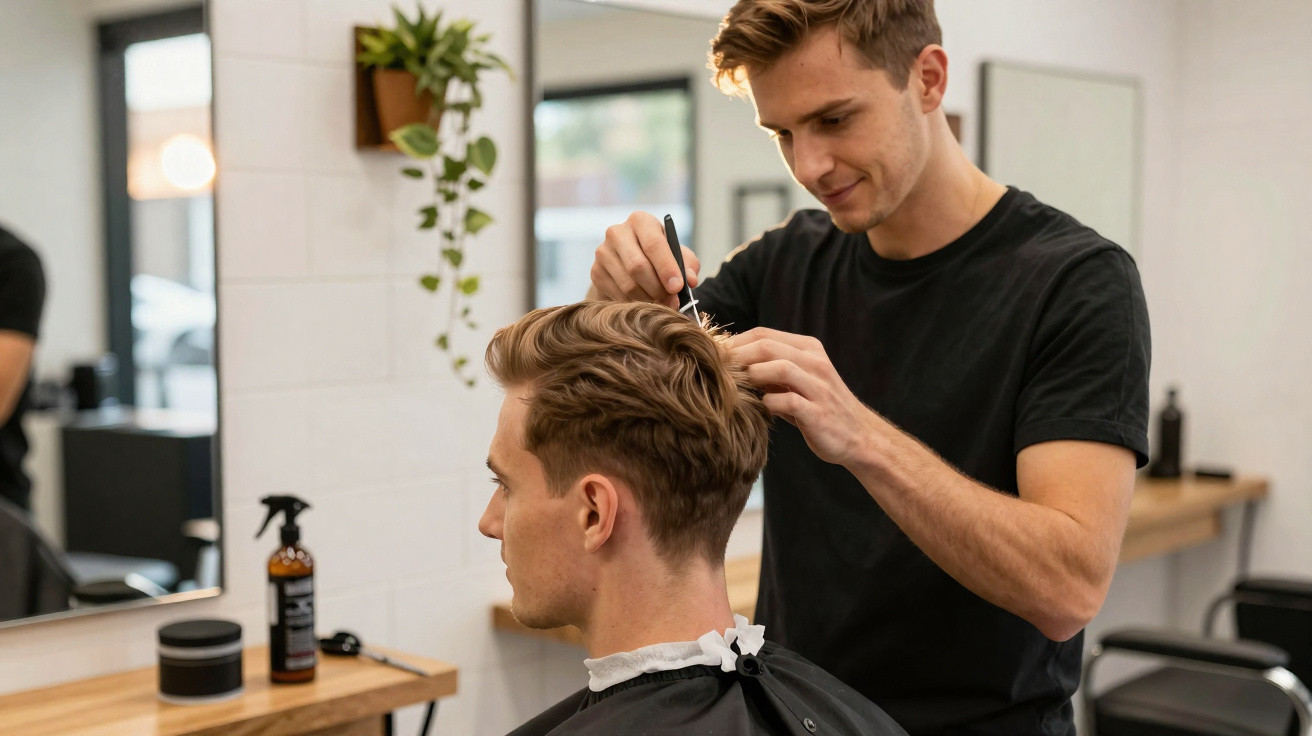 Homem a cortar cabelo a outro homem num salão de cabeleireiro moderno e iluminado.