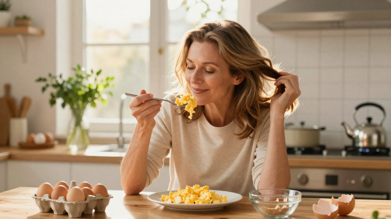 Mulher sorridente a provar ovo mexido numa cozinha luminosa e acolhedora.