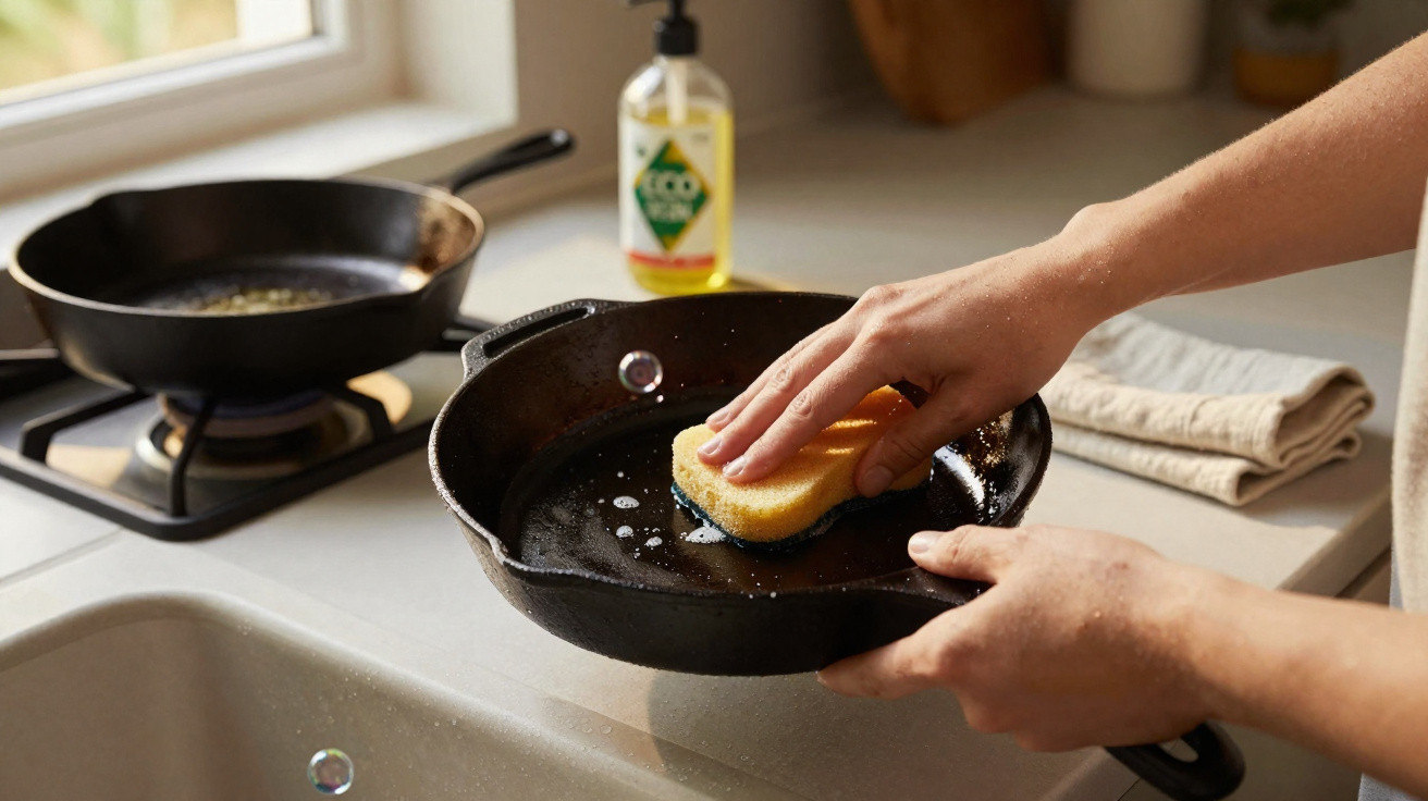 Pessoa a lavar frigideira de ferro fundido com esponja amarela numa cozinha iluminada.