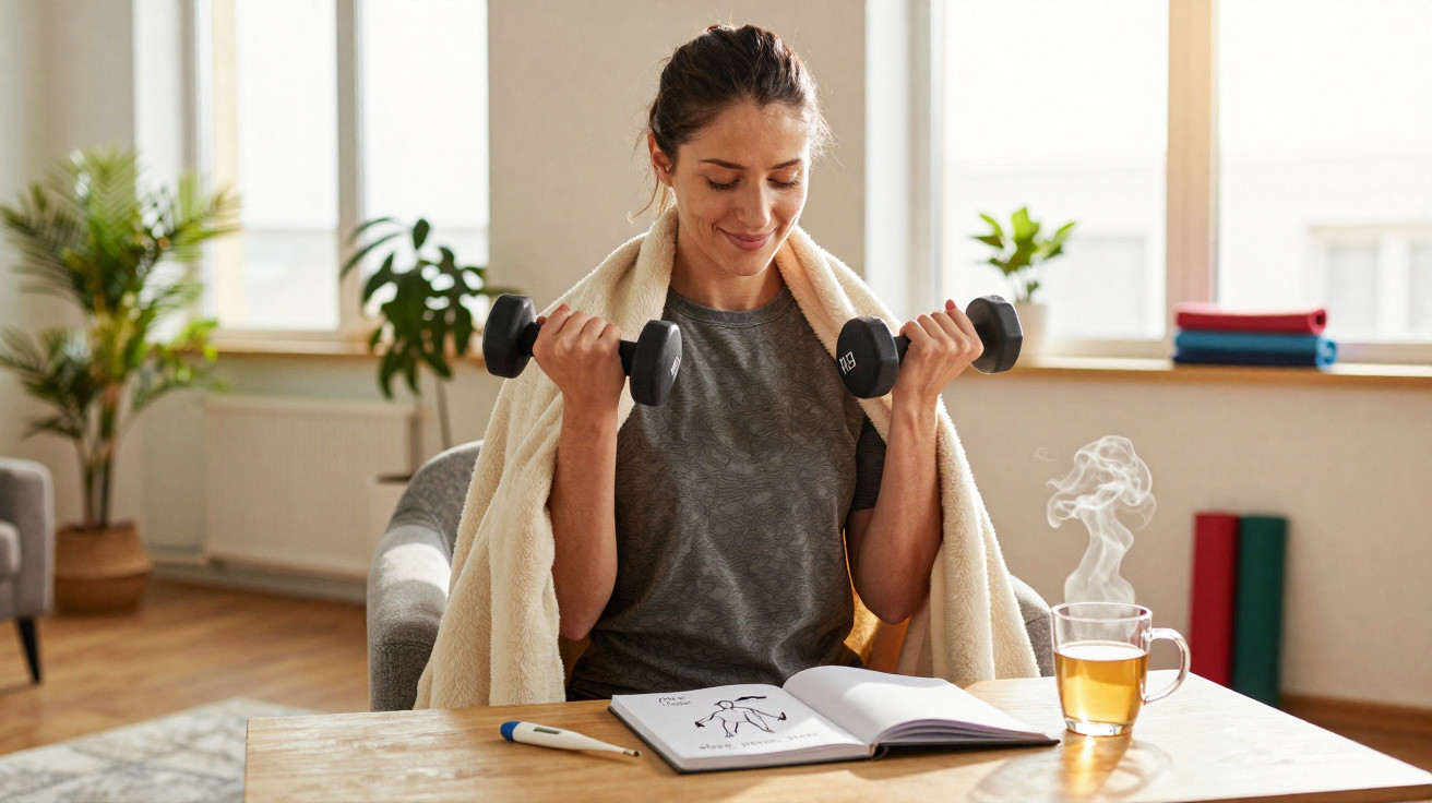 Mulher a fazer exercícios com pesos em casa, com manta, livro e chá numa mesa à frente.
