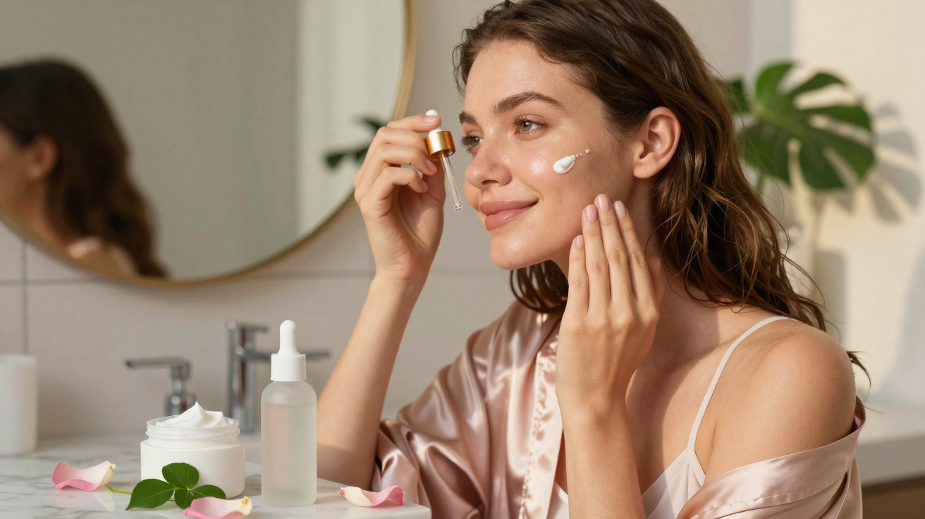 Mulher a aplicar sérum facial e creme hidratante num ambiente de casa-de-banho iluminado.