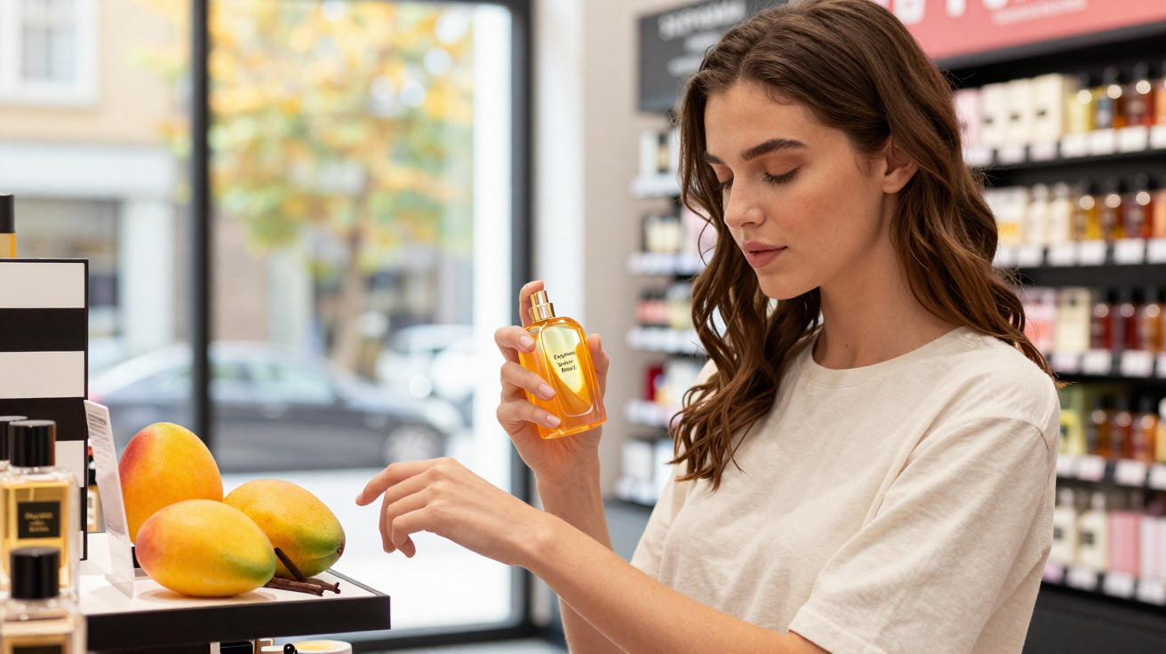 Mulher a experimentar perfume numa loja de cosméticos com mangas expostas em montra próxima.