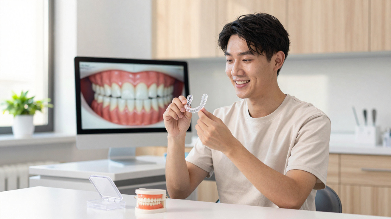 Homem a segurar aparelho dentário transparente sentado numa clínica dentária com imagem de dentes no ecrã.