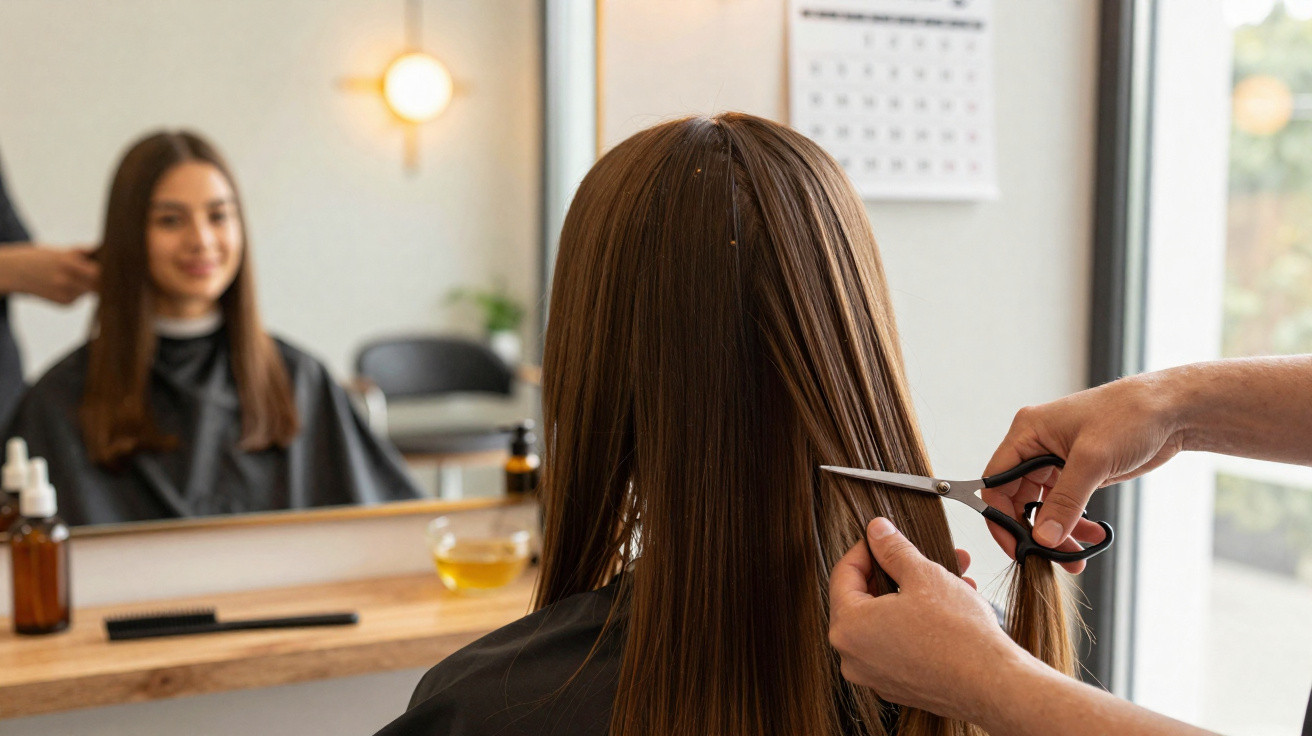 Mulher com cabelo comprido a ser cortado num cabeleireiro, espelho reflete o seu rosto sorridente.
