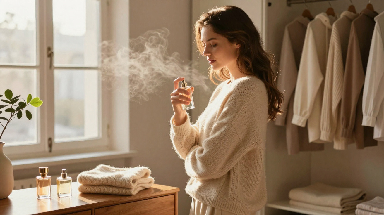 Mulher a borrifar perfume no pulso num quarto com roupa pendurada e luz natural suave.