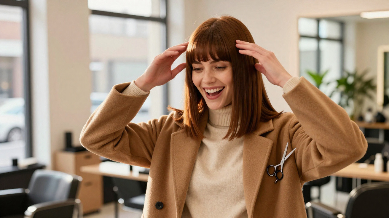 Mulher sorridente com cabelo curto e vermelho ajusta o cabelo num salão de cabeleireiro moderno.