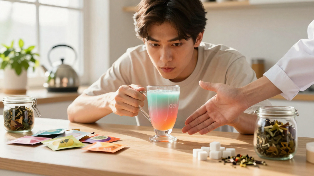 Homem observa com atenção chá colorido numa chávena enquanto outra pessoa aponta para cubos de açúcar e folhas de chá na mesa