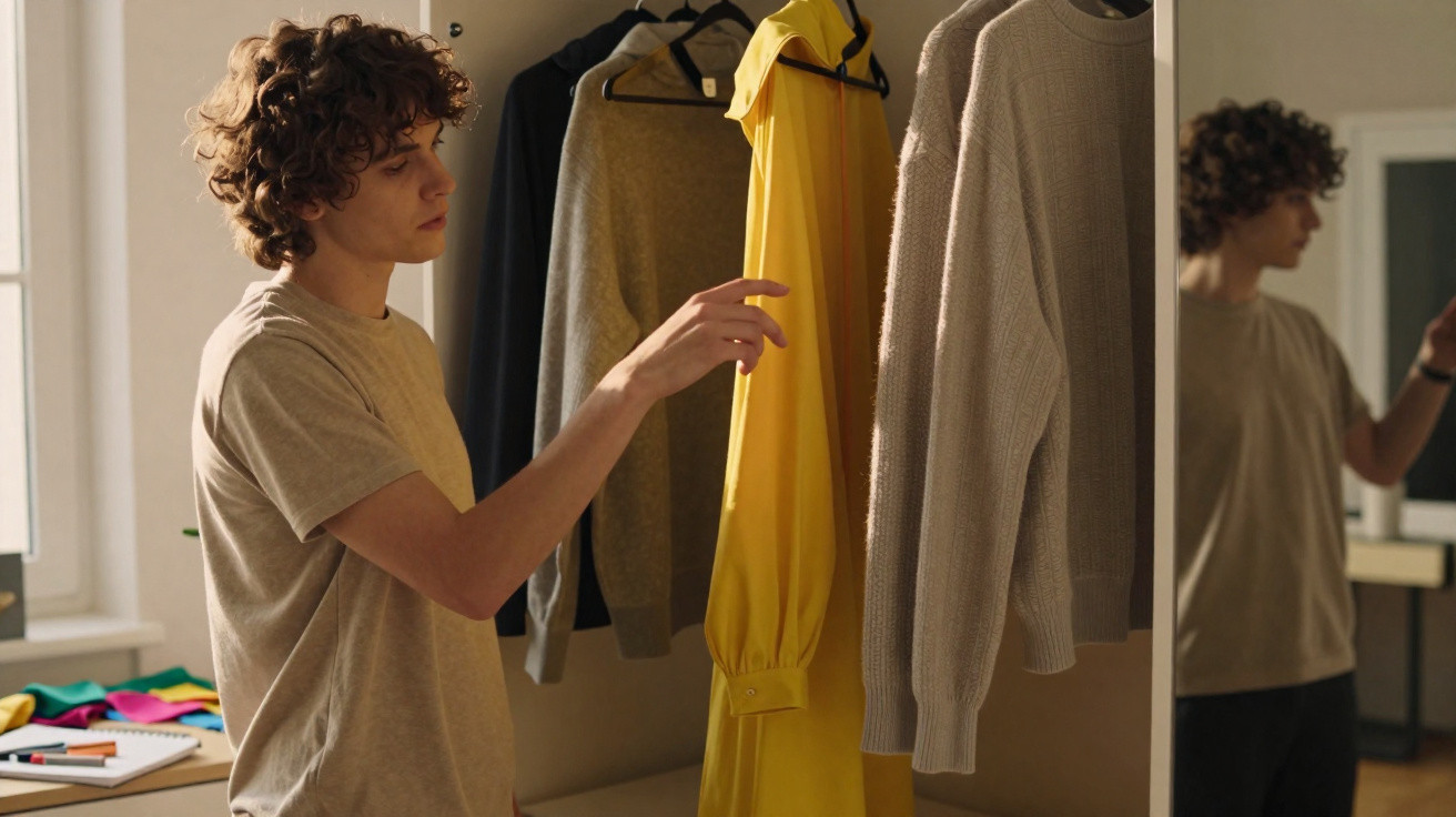 Jovem a escolher roupa num armário com várias peças penduradas, incluindo um casaco amarelo.
