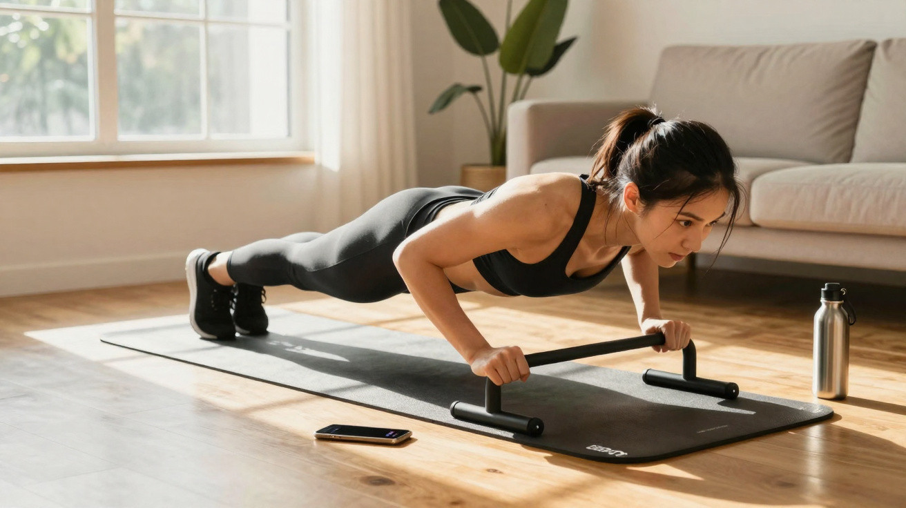 Mulher a fazer flexões com barras em tapete de exercício numa sala iluminada, com telemóvel e garrafa perto.