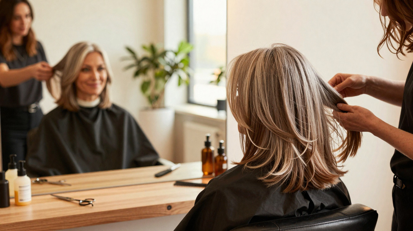 Mulher com cabelo grisalho médio a ser penteada por cabeleireira num salão de beleza moderno.