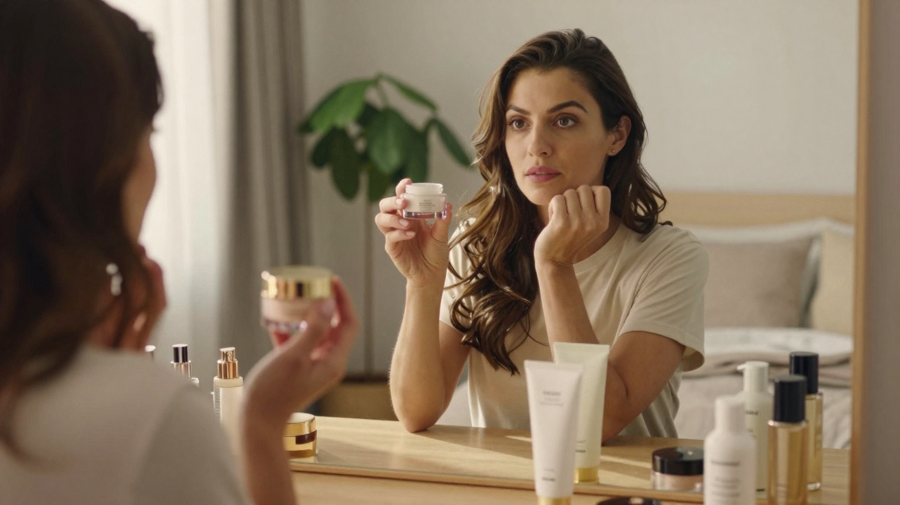 Mulher a olhar para espelho segurando pote de creme, com vários produtos de cuidados da pele na secretária.