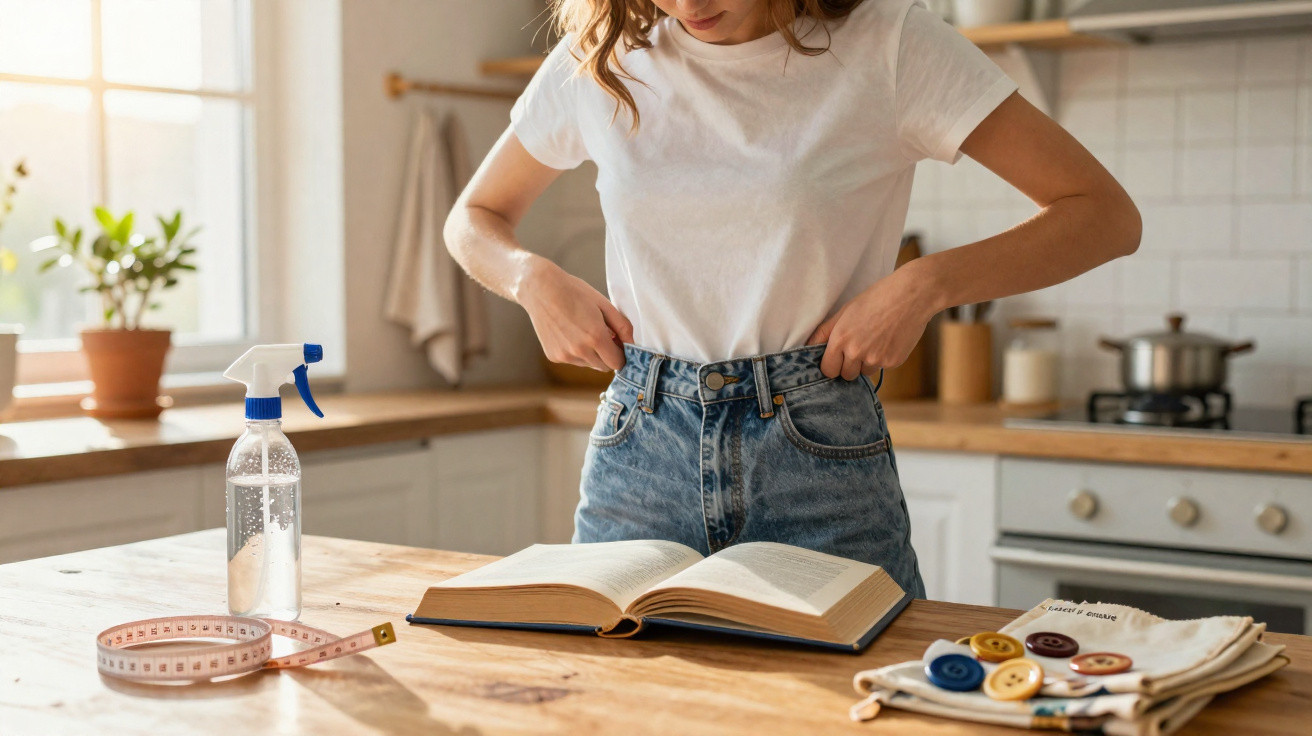 Pessoa a medir a cintura com fita métrica enquanto lê um livro numa cozinha iluminada.