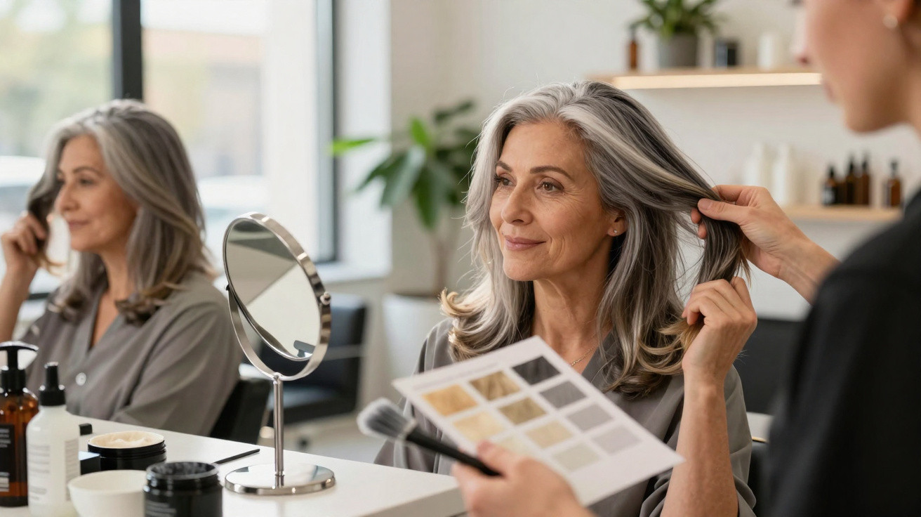 Mulher madura sentada num salão, espreita no espelho enquanto profissional avalia a cor do cabelo.