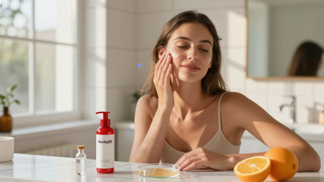 Mulher a aplicar creme hidratante no rosto numa casa de banho luminosa com produtos e frutas sobre a bancada.