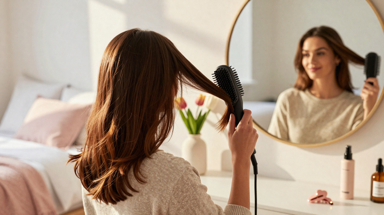 Mulher penteando o cabelo com uma escova elétrica frente a um espelho redondo num quarto iluminado.