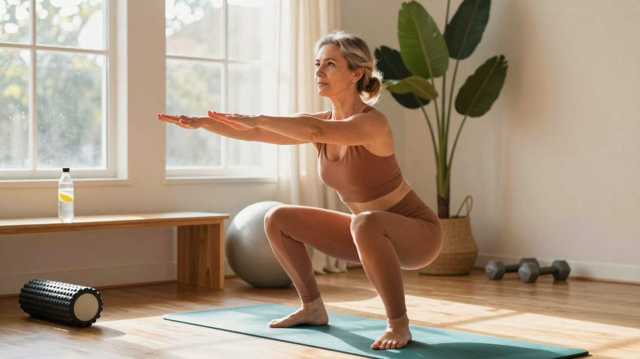 Mulher a fazer agachamento numa sala iluminada, com tapete de yoga e acessórios de treino ao fundo.
