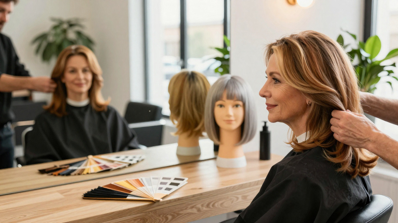 Mulher sentada no salão de cabeleireiro a ser penteada, com manequins de cabelo e amostras de cores na mesa.