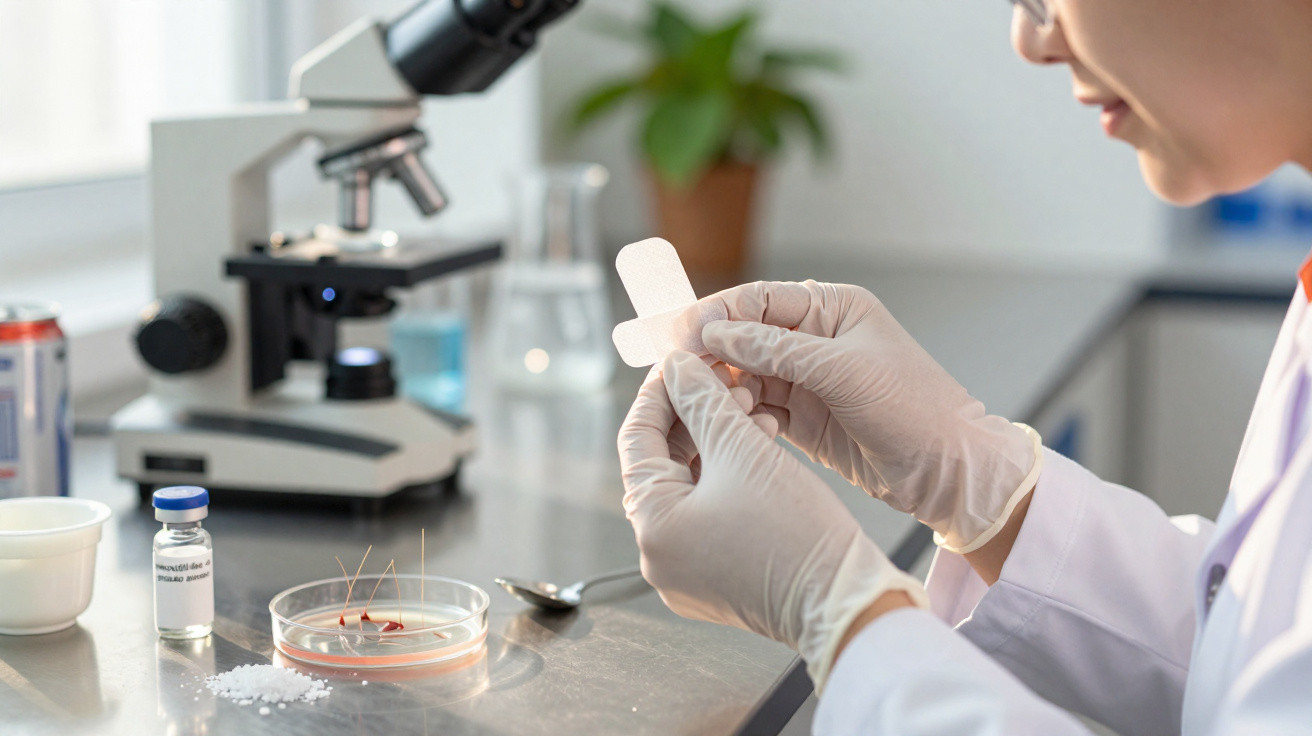 Cientista em laboratório a segurar curativo adesivo, com microscópio e material de pesquisa em primeiro plano.
