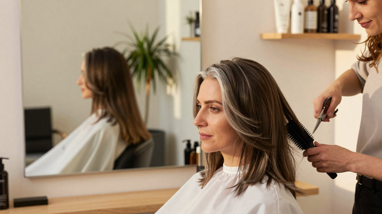Mulher a receber corte de cabelo num cabeleireiro com profissional a pentear e cortar o cabelo.