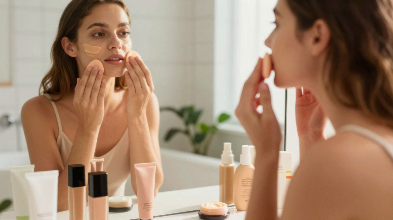 Mulher aplica base e corretor facial com esponja, olhando para o espelho, num quarto de casa de banho.
