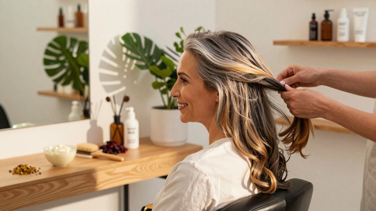 Mulher sorridente sentada numa cadeira de salão de beleza enquanto profissional penteia o seu cabelo.