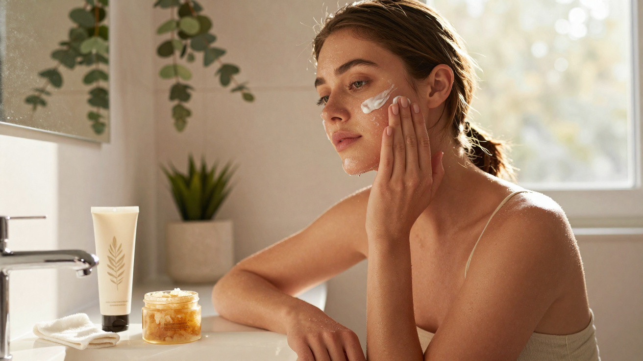 Mulher a aplicar creme hidratante no rosto num ambiente natural e luminoso de casa de banho.