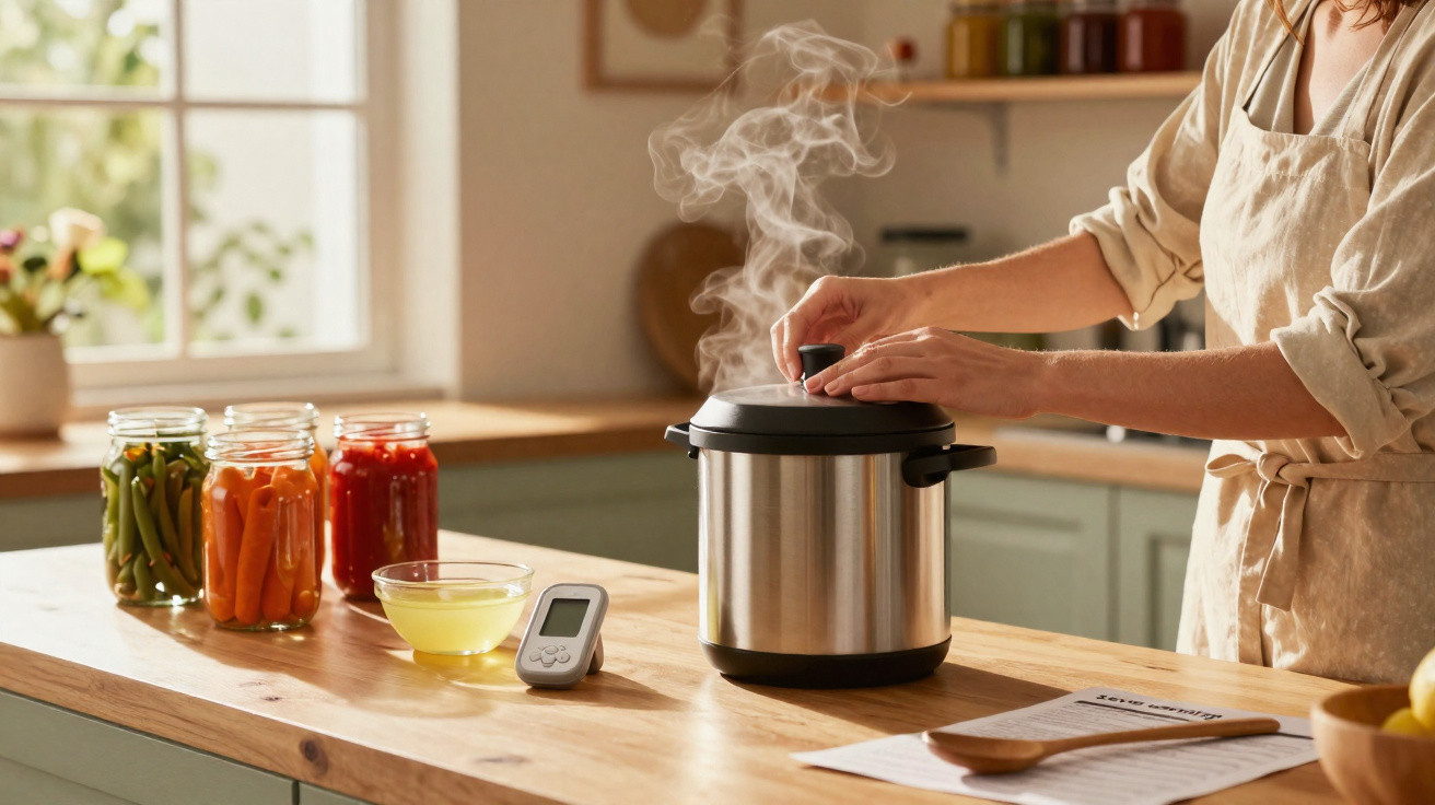 Pessoa a fechar tampa de panela de pressão elétrica a cozinhar numa cozinha iluminada natural.