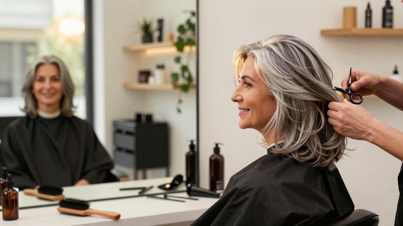 Mulher de cabelo grisalho a sorrir enquanto corta o cabelo num salão de cabeleireiro moderno.