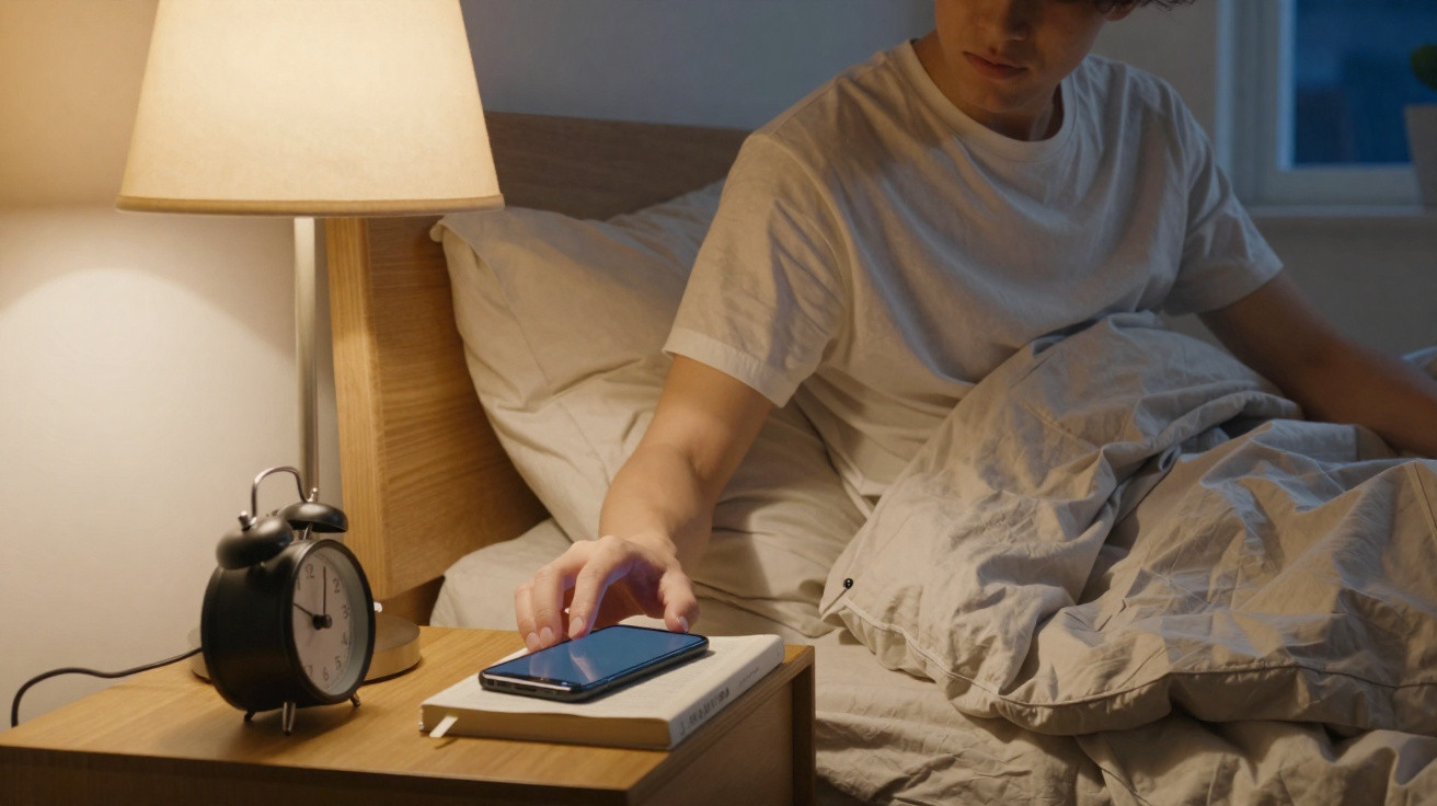 Pessoa na cama a desligar o telemóvel na mesa de cabeceira com candeeiro e despertador azul.