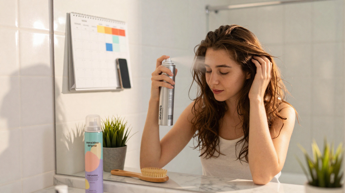 Mulher aplica spray de cabelo num banheiro com espelho e calendário na parede.