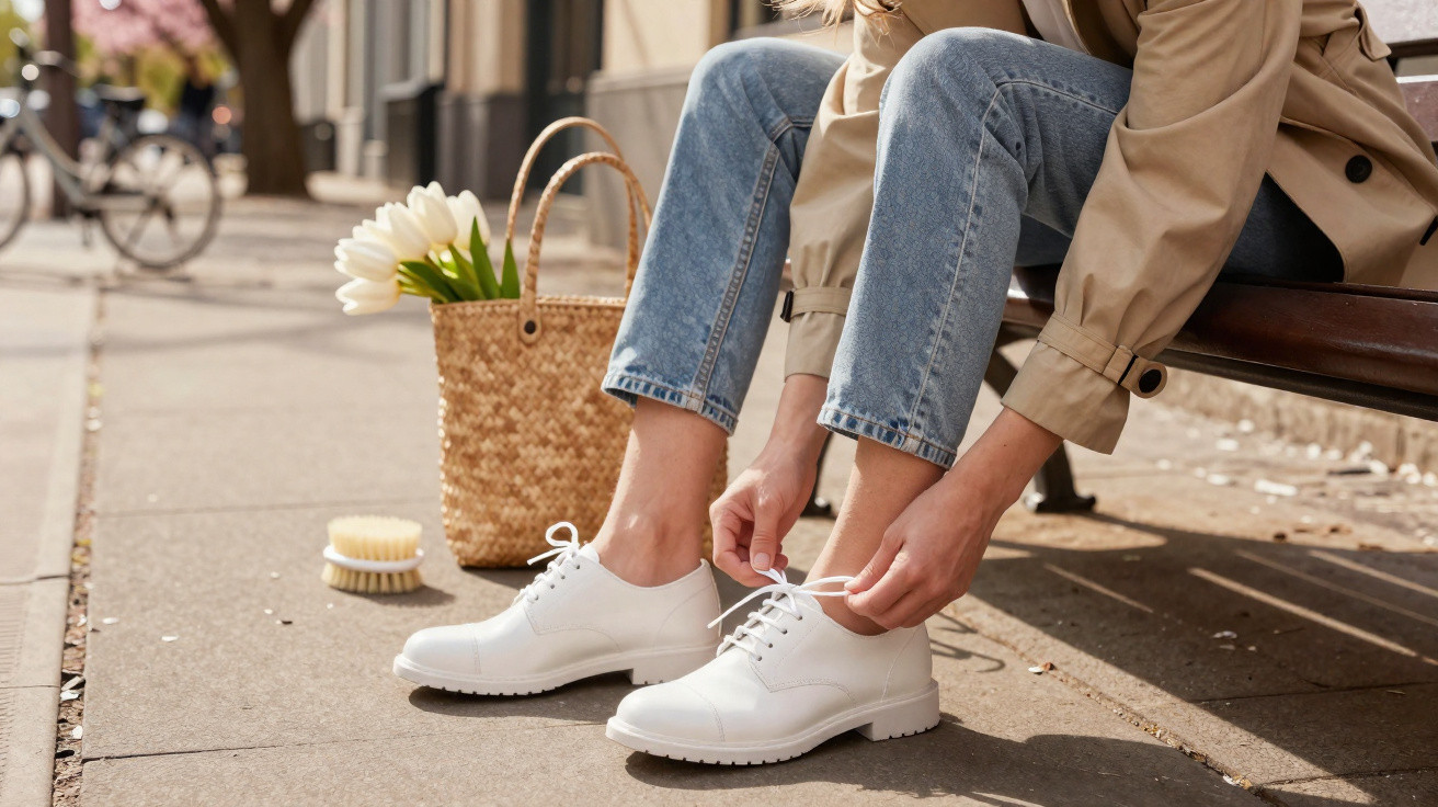 Pessoa sentada num banco a calçar sapatos brancos enquanto segura os atacadores, com cesta e flores ao lado.