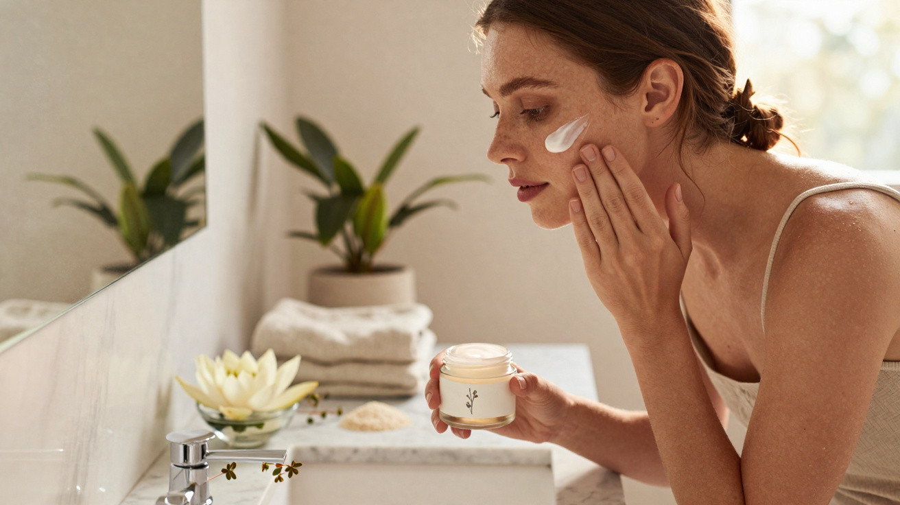 Mulher a aplicar creme hidratante no rosto, em casa de banho bem iluminada com plantas ao fundo.