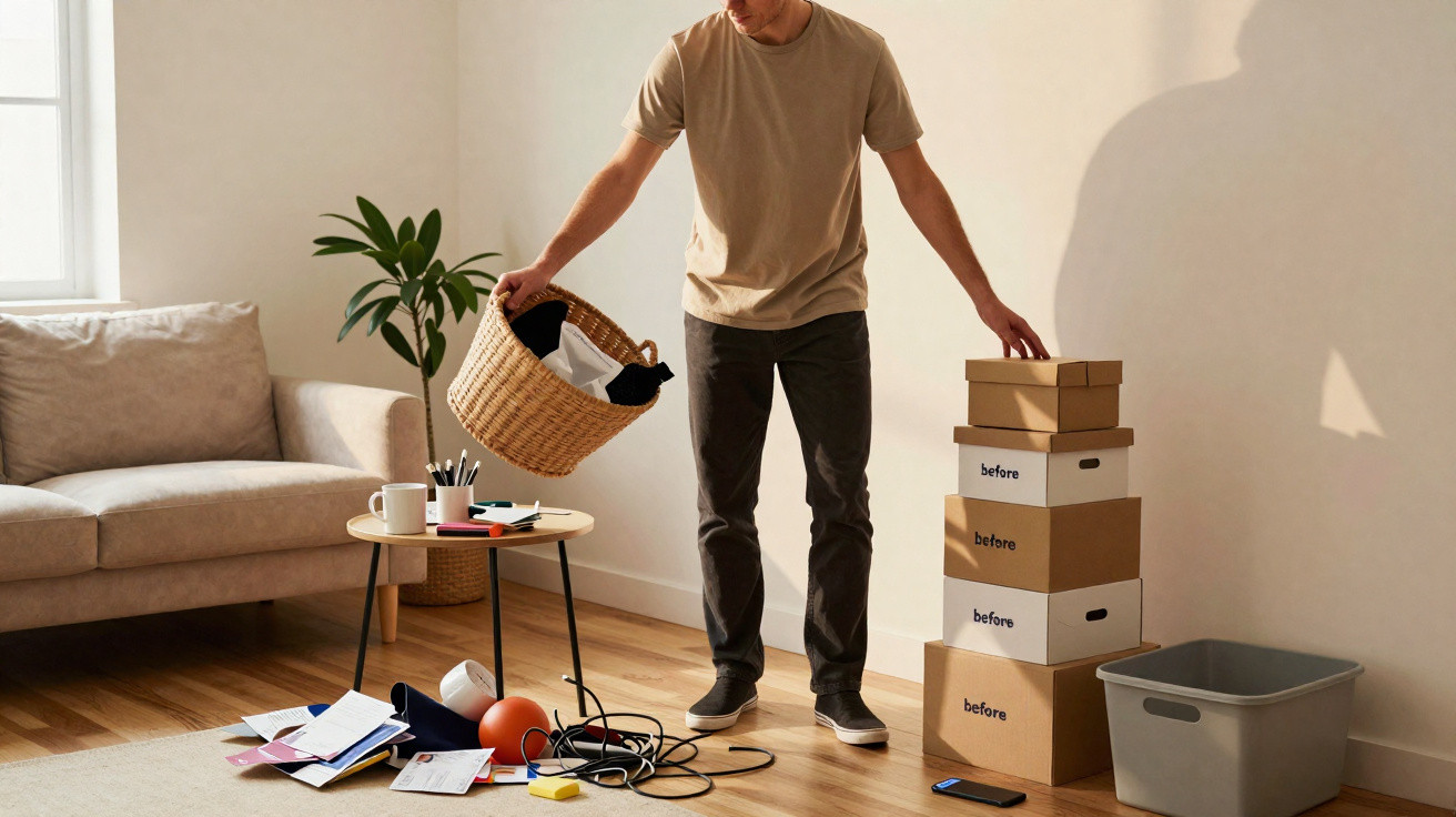 Homem a arrumar objetos em caixas numa sala luminosa com sofá, mesa e planta.