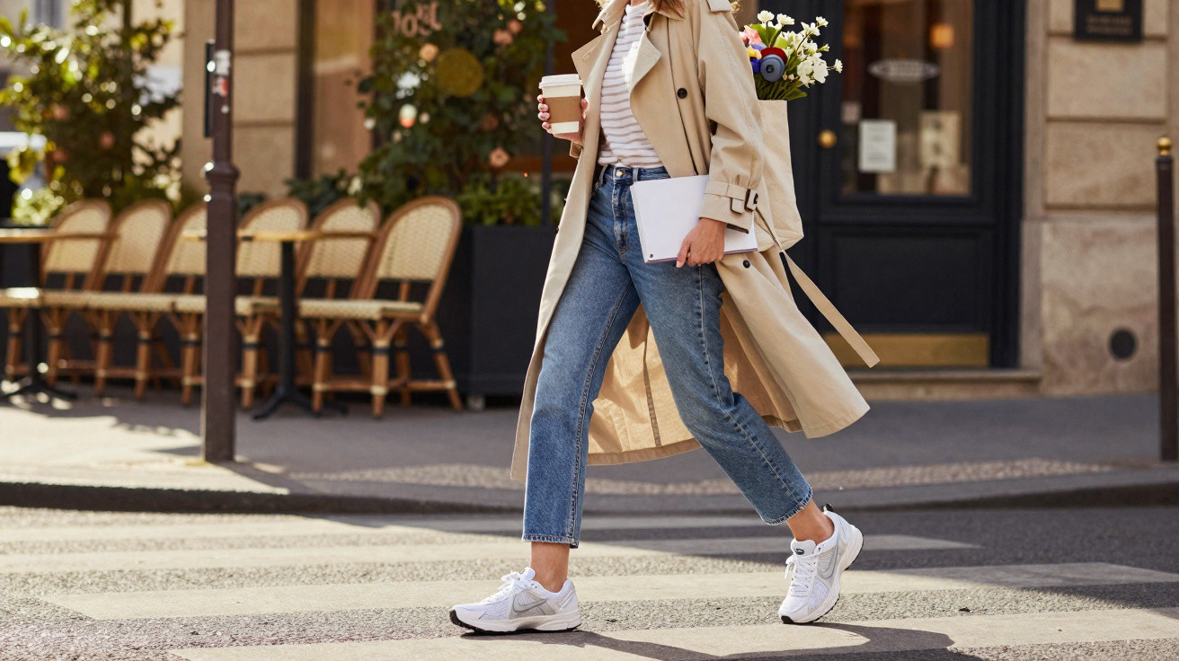 Pessoa de gabardine bege, jeans e ténis brancos a atravessar a passadeira com café e pasta numa mão.