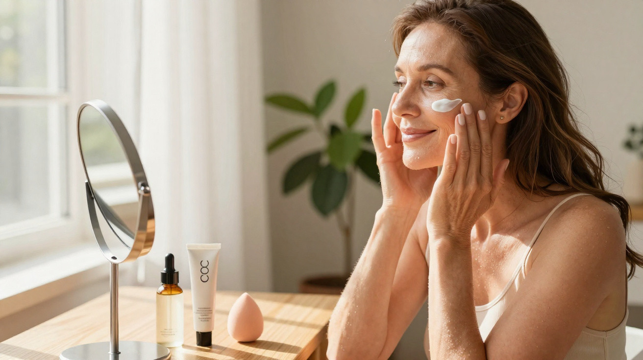 Mulher aplica creme facial junto a uma janela, ao lado de espelho e produtos de cuidados da pele.